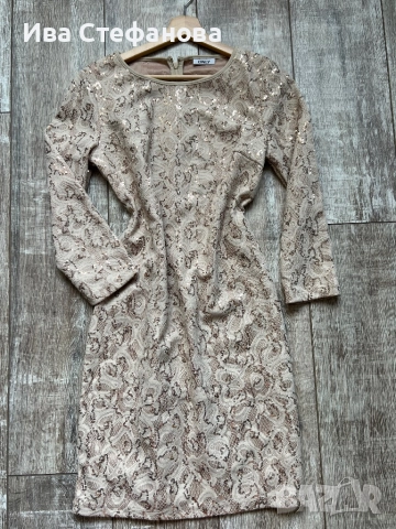 Нова парти коктейлна официална елегантна къса бежова екрю златна рокля пайети паетена , снимка 4 - Рокли - 51847373