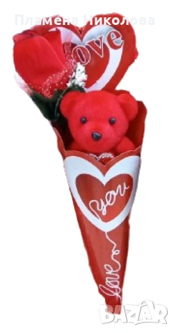 Романтичен букет с плюшено мече и роза, снимка 2 - Други - 53093446
