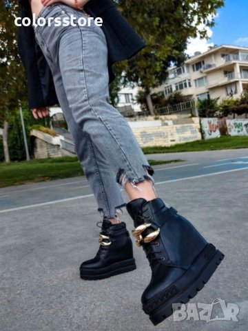 Боти на платформа - черна кожа - BPL30