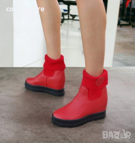 Боти на платформа - червена кожа - 256-70