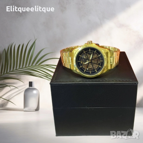 Луксозен автоматичен мъжки часовник LEIYI със златист корпус и син скелетон циферблат, снимка 3 - Мъжки - 52045397