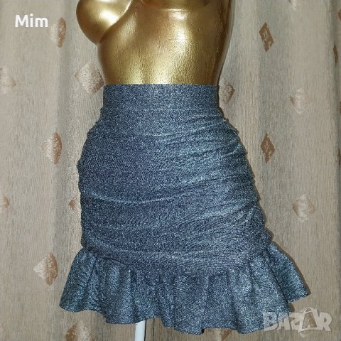 COSTER M Къса пола на волани от сребрист брокат , снимка 4 - Поли - 43860891