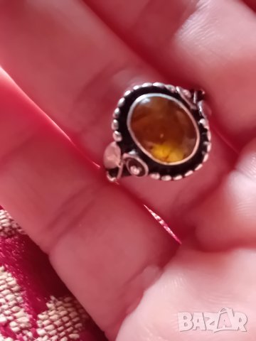 Старинен сребърен с кехлибар пръстен, снимка 6 - Пръстени - 25959004