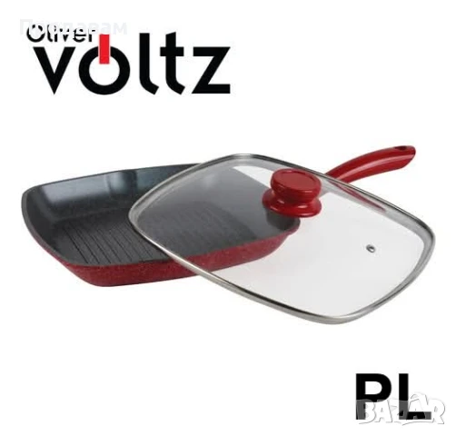 Тиган грил с капак Voltz OV54316A28C, 28x28см., Мраморно покр., индукция, Червен Представяме ви стил, снимка 1