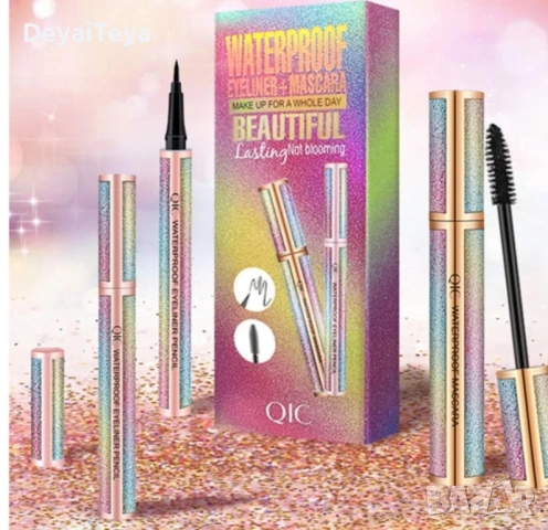 Комплект спирала и очна линия, Rqiurpn, 4D, обем и удължаване, водоустойчива, 8.5 мл/1 мл