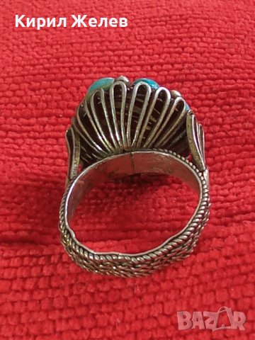 СТАРИНЕН СРЕБЪРЕН ТЮРКОАЗЕН ВЪЗРОЖДЕНСКИ ПРЪСТЕН ЕСТЕСТВЕН ТЮРКОАЗ СРЕБРО КУЮМДЖИЙСКА РАБОТА 22627, снимка 3 - Антикварни и старинни предмети - 33045324