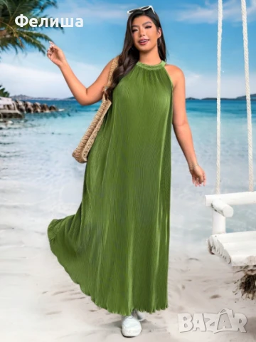 Прекрасна Дълга Маслинено Зелен Цвят Солей Рокля, снимка 2 - Рокли - 51133349