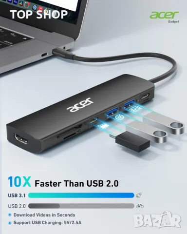 Acer USB C Hub, 7 в 1 USB C към 4K HDMI, 2 USB 3.1, Type-C, PD 100W, четец на SD карти, снимка 4 - Кабели и адаптери - 49444062