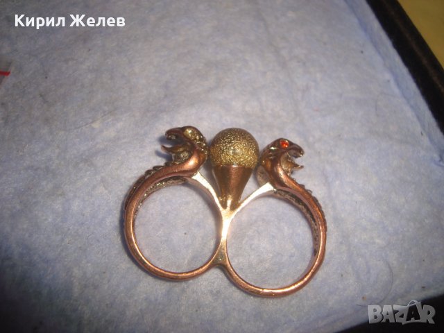 СТАР ЗМИЕВИДЕН ЕГИПЕТСКИ РЕТРО СТИЛ ПОЗЛАТЕН МЕСИНГОВ ПРЪСТЕН ДВОЕН РЯДЪК 20841, снимка 7 - Пръстени - 37514390