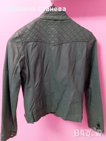 Зелено кожено яке, снимка 3 - Якета - 53430291