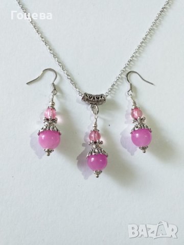 Красив комплект бижута с камъни Розов кварц и орнаменти в цвят Сребро , снимка 4 - Бижутерийни комплекти - 37684123