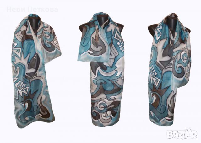 Рисуван копринен шал АБСТРАКТНО В БОРДО, снимка 3 - Шалове - 37468730