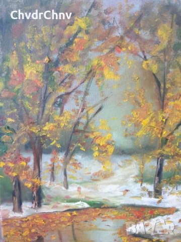 Деница Гарелова 40x30см/малка българска картина масло върху платно/горски пейзаж/есен-зима, снимка 4 - Картини - 51160157