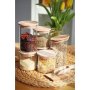 Кръгли и квадратни стъклени буркани с дървени капачки, снимка 1 - Кутии за храна - 43445967