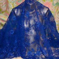 Плат дантела Armani с камъни и перлички цвят турско синьо синьо, снимка 6 - Рокли - 27660545