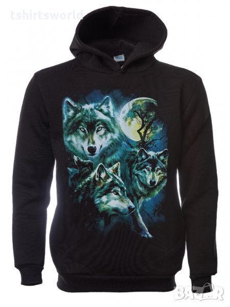 Нов мъжки суичър с дигитален печат Три вълка, пълнолуние, Серия вълци, снимка 1