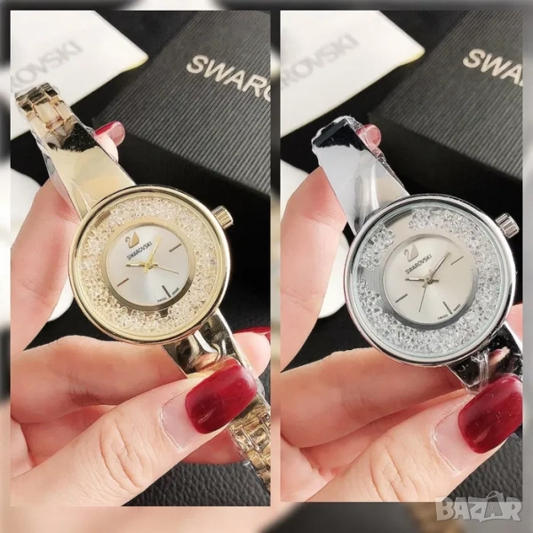 Луксозен ръчен дамски часовник Бижу Сваровски, Swarovski стилен, златен, сребърен, кристали, снимка 1
