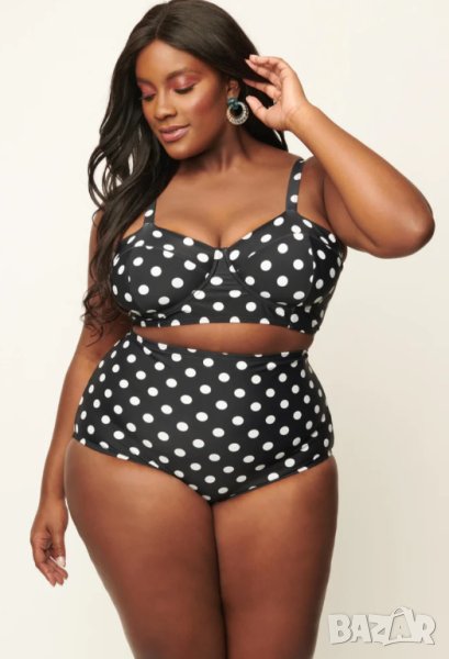 Nice size 100 C/ XL-Нов бански черен на бели точки с много висока талия , снимка 1