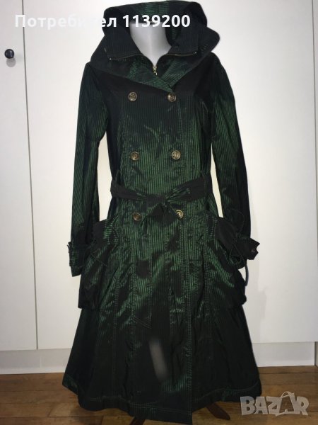 Френски нов бутиков шлифер тренч L Clara Couture зелен черно райе, снимка 1