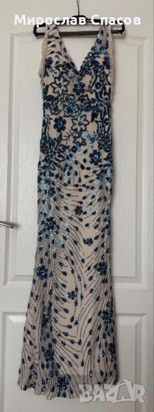 Дамска официална рокля Kalinnu - бежова с тюркоазени пайети. Размер S, снимка 1