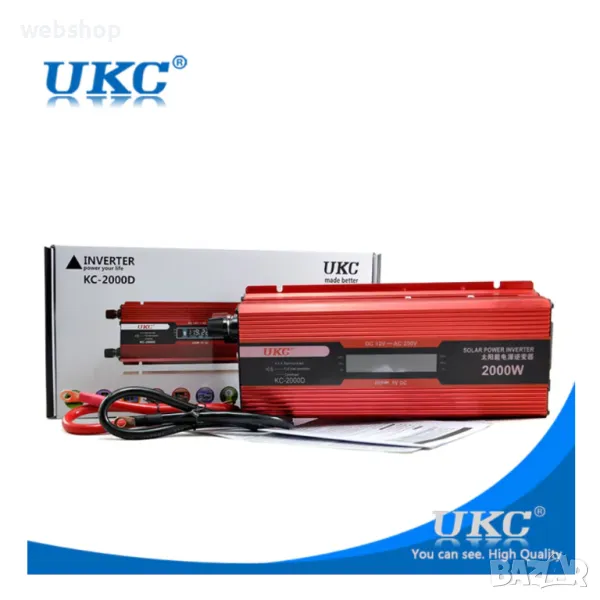 Инвертор за ток UKC, 500/1000/2000W, 12/220V, Дисплей, Включен кабел за запалка на кола, Червен, снимка 1