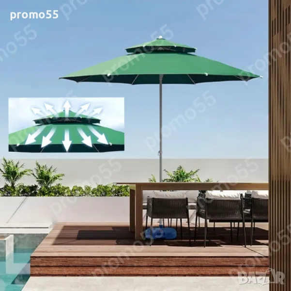 Качествен чадър 220см. с двоен покрив за стабилност при вятър, снимка 1