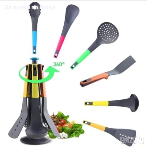Модерен комплект прибори за готвене Тефлон със въртяща стойка 7 части, снимка 1