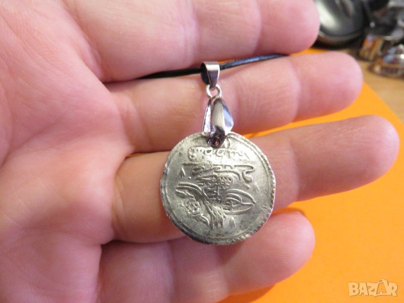 Старинна  сребърна османска муска , турски амулет с тугра, туга 2,3см , накит, амулет сребро, снимка 1