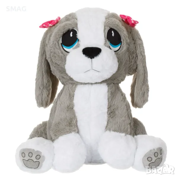 Плюшено куче, седнало, сиво, бяло, розово, панделки на точки, 50 см S_1217383, снимка 1