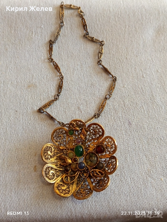 ВИНТИДЖ ФИЛИГРАННО КОЛИЕ ЦВЕТЕ с ЦВЕТНИ КАМЪНИ АХАТ УНИКАТ 34796, снимка 1