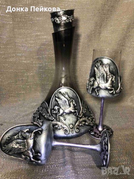 РЪЧНО ИЗРАБОТЕН СЕТ ОТ 3 ЧАСТИ ДЕКАНТЕР И  2 ЧАШИ, снимка 1