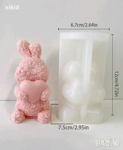 3D Заек зайче от рози и сърце силиконов молд форма фондан шоколад гипс смола свещ декор, снимка 1