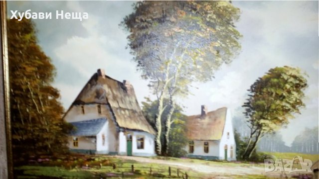 Картина - Къщи с езеро, снимка 3 - Антикварни и старинни предмети - 29562814