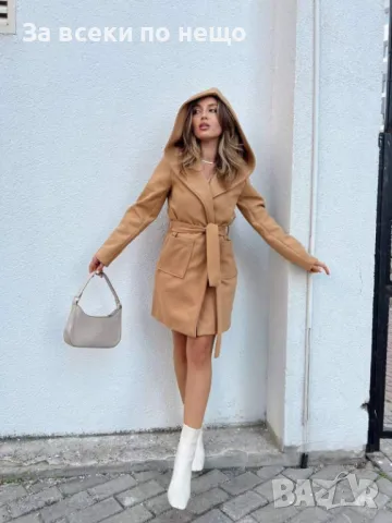 Дамско палто с качулка и колан - 3 налични цвята Код A158, снимка 2 - Палта, манта - 47585594