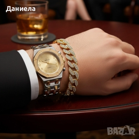 Модерен унисекс часовник със златист циферблат и блестяща гривна, снимка 4 - Други - 51930297