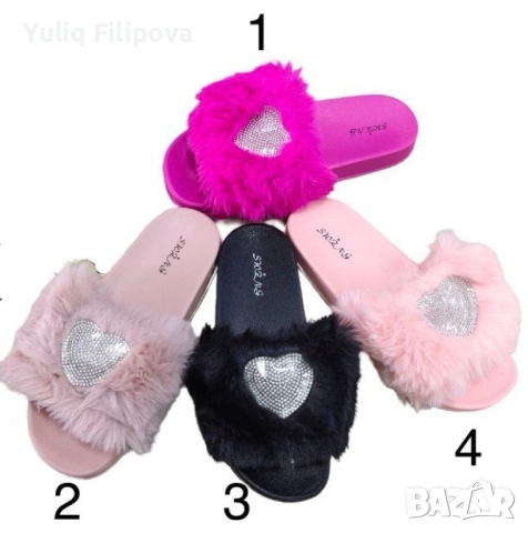 Сладки дамски чехли с пух и романтично сърчице, снимка 1
