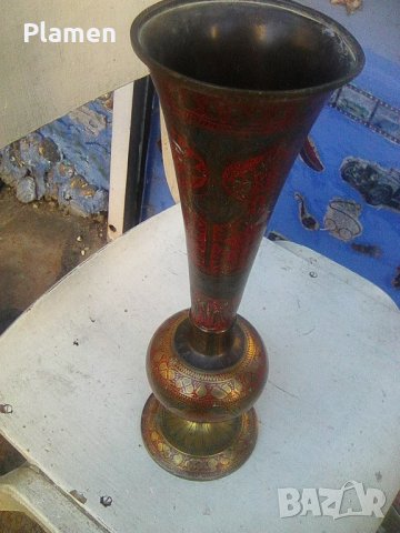 Голяма месингова ваза клетъчен емайл, снимка 2 - Вази - 43594463