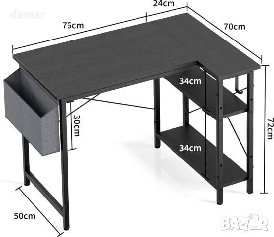 L-образно компютърно бюро, 100x70 см, обръщаеми рафтове, черен дъб, снимка 2 - Абсорбатори - 52722408