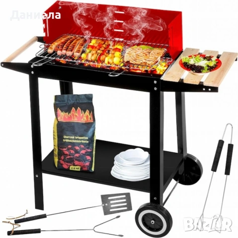 Градинско барбекю на колела, емайлирана стомана, 4 степени + Подарък 3 прибора, снимка 4 - Барбекюта - 53332991