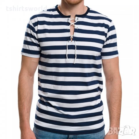 Нова мъжка моряшка тениска с връзки на тъмносиньо/бяло райе, снимка 1 - Тениски - 27950602
