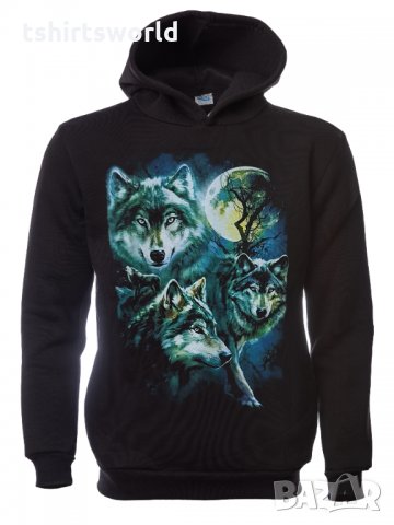 Нов мъжки суичър с дигитален печат Три вълка, пълнолуние, Серия вълци