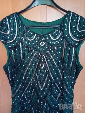 Зелена рокля с пайети и ресни , снимка 3 - Рокли - 51634522