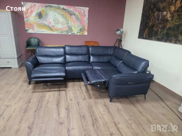 Тъмно син кожен ъглов диван с електрически релаксиращ механизъм, снимка 4 - Дивани и мека мебел - 43286169