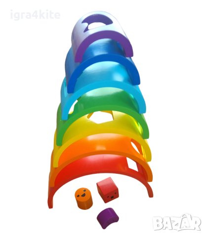 НАМАЛЕНА ЦЕНА! Голяма дървена цветна дъга Монтесори с фигури за поместване, снимка 2 - Образователни игри - 43368626