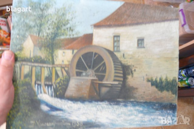 стара картина от 1938г."Старата воденица", снимка 7 - Картини - 26328217