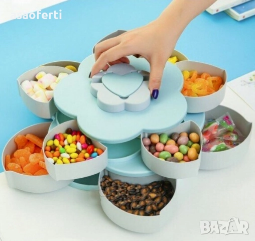 🌸 Въртяща се Кутия за Ядки и Бонбони „Цвете“ – Атрактивен Органайзер за Почерпка, снимка 3 - Аксесоари за кухня - 52556698