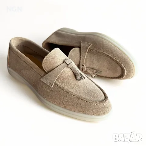 Комфортни дамски мокасини в бежово от естествен велур с красив и нежен аксесоар, снимка 4 - Дамски ежедневни обувки - 45082442