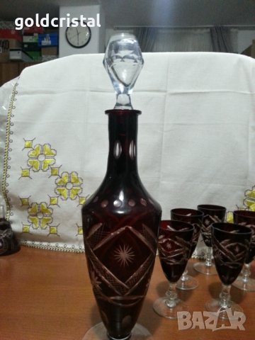 Цветен червен кристал чаши с гарафа, снимка 10 - Антикварни и старинни предмети - 43342861