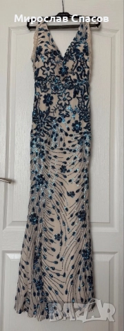 Дамска официална рокля Kalinnu - бежова с тюркоазени пайети. Размер S