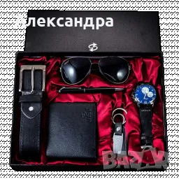 Подарък Бизнес Луксозен фирмен мъжки комплект 6 в 1 +Часовник Очила Химикалка Ключодържател Колан 13